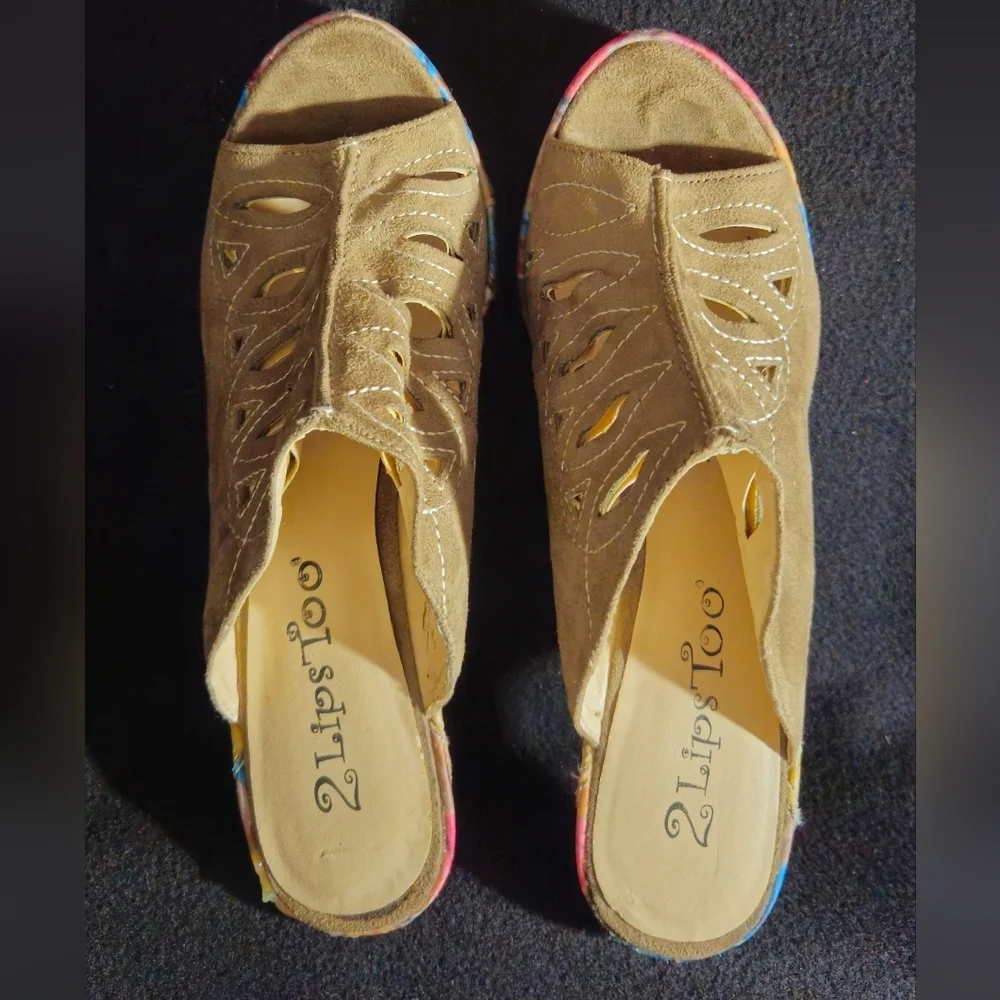 2 Lips Too -Too Tropic Tan/Taupe SuedeSandals with Multicolor Wedge Heel -Size 7
